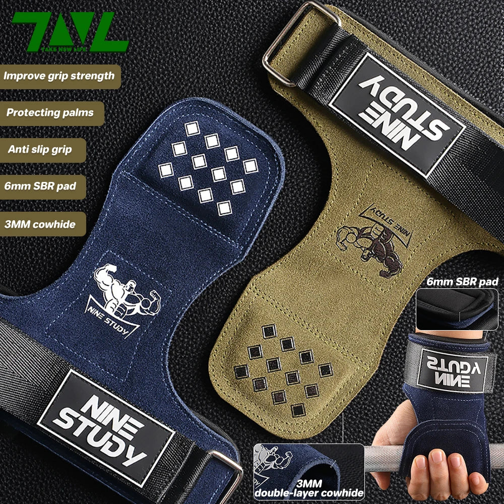 1Pair Premium Cowhide Leather Gym Fitness Gloves Lifting Straps Grips Anti-Skid Weightlifting Belt for Palm Protection Deadlift