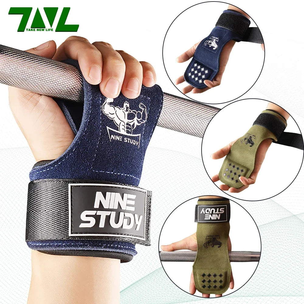 1Pair Premium Cowhide Leather Gym Fitness Gloves Lifting Straps Grips Anti-Skid Weightlifting Belt for Palm Protection Deadlift