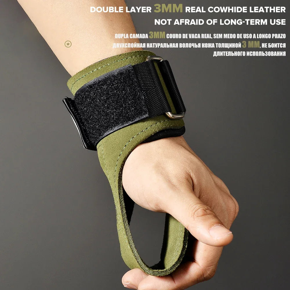 1Pair Premium Cowhide Leather Gym Fitness Gloves Lifting Straps Grips Anti-Skid Weightlifting Belt for Palm Protection Deadlift